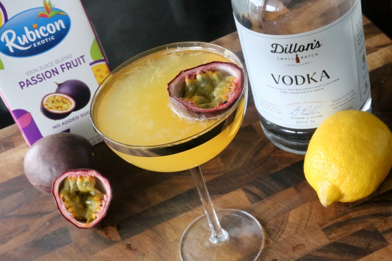 The cocktail is sweetened with simple syrup and has tartness thanks to lemon and passion fruit juice.