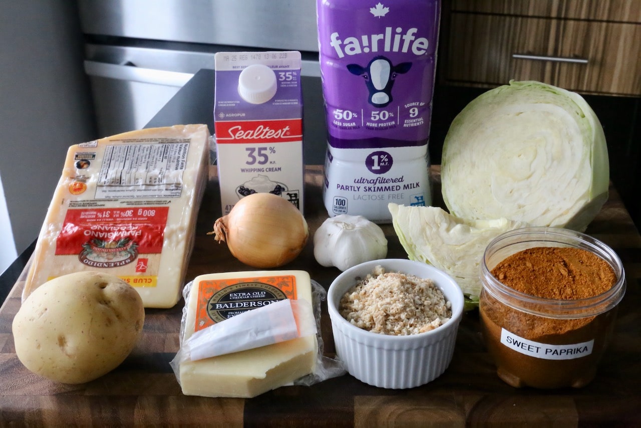 Homemade Baked Cabbage with Cheese Gratin recipe ingredients.