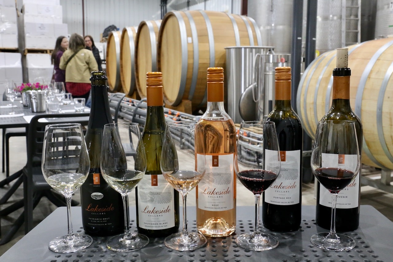 Lakeside Cellars offers a tasting room surrounded by wine barrels.