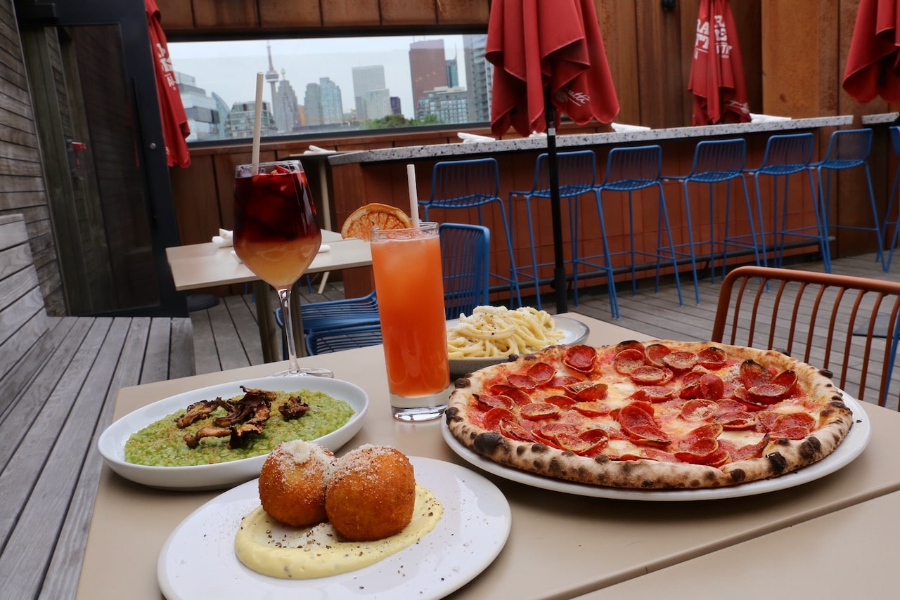 Gusto 501 has an intimate rooftop patio in Toronto's Corktown neighbourhood that offers views of the CN Tower. 