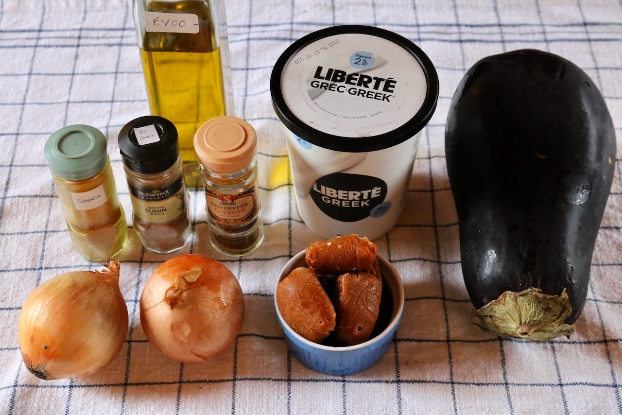 Traditional Kashke Bademjan recipe ingredients.