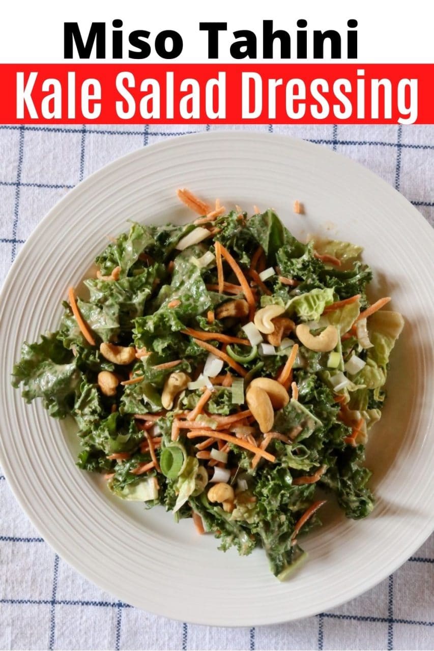 Save our Creamy Vegan Miso Tahini Dressing Kale Salad recipe to Pinterest!
