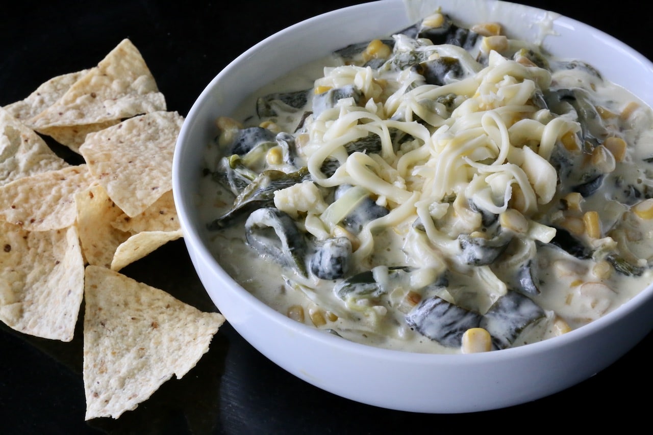 We love serving Rajas con Crema as a Mexican tip with tortilla chips.
