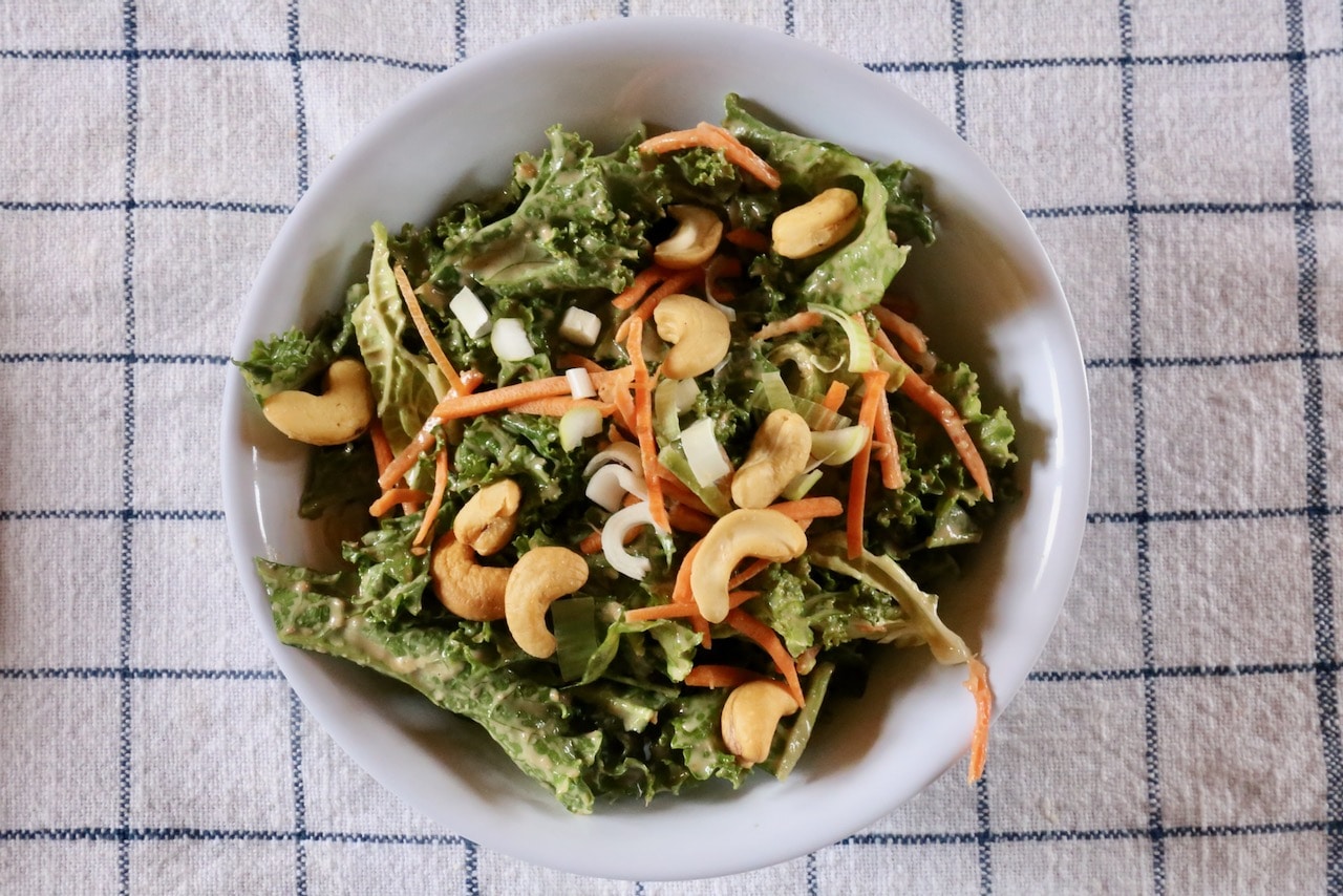 This vegan salad combines Japanese miso with Middle Eastern tahini for a delicious fusion meal.