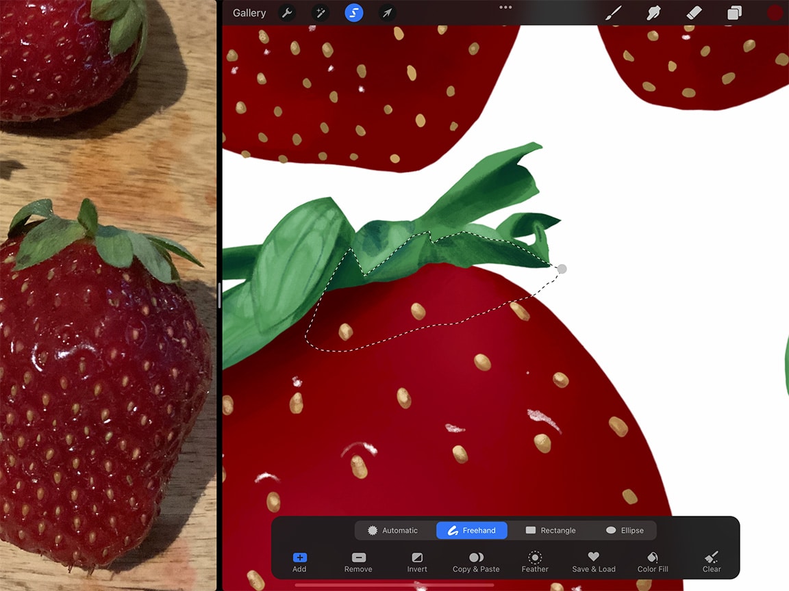 How To Draw Strawberries: Drawing with the lasso tool allows for blending against clean lines.