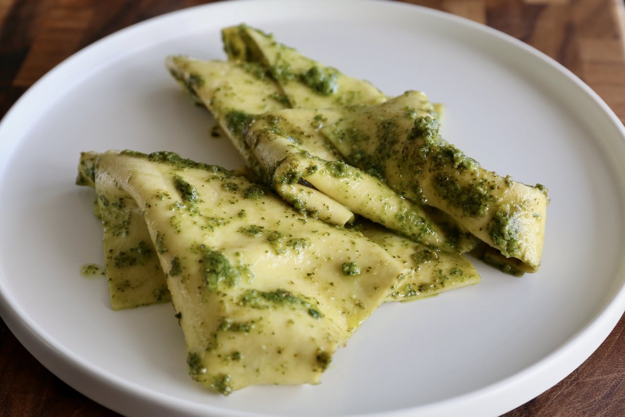 Mandilli al Pesto look like green silk handkerchiefs when arranged on a plate. 