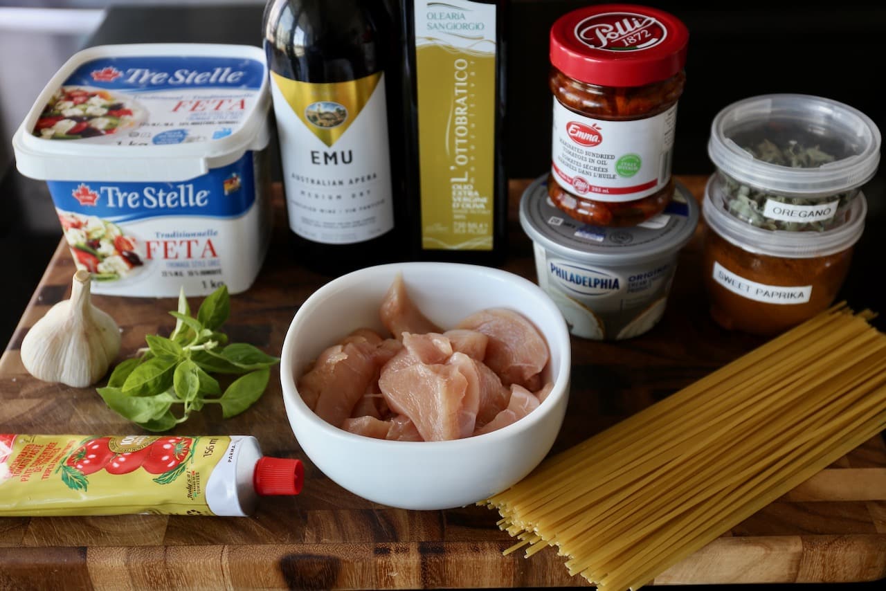 Homemade Chicken Feta Pasta recipe ingredients.