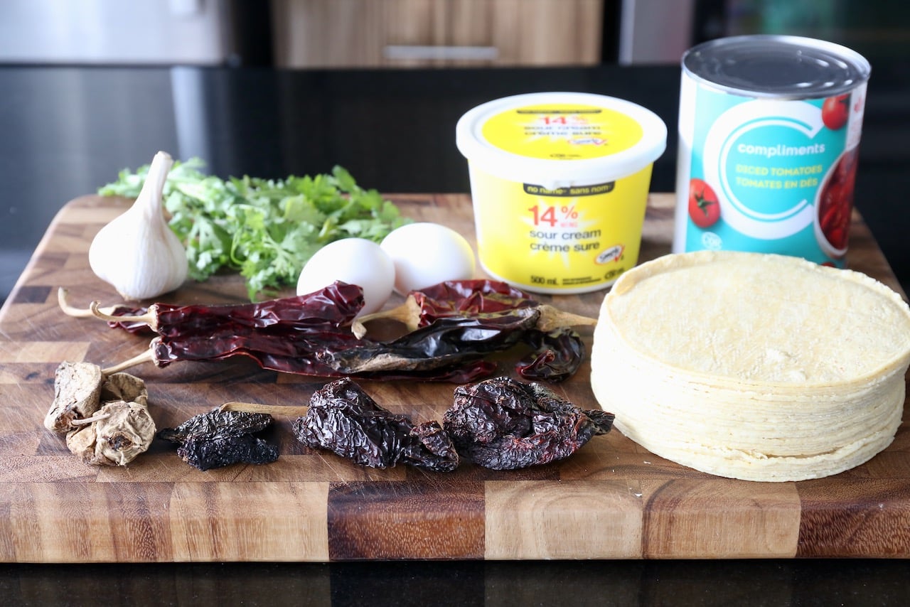 Traditional Chilaquiles Rojos recipe ingredients.