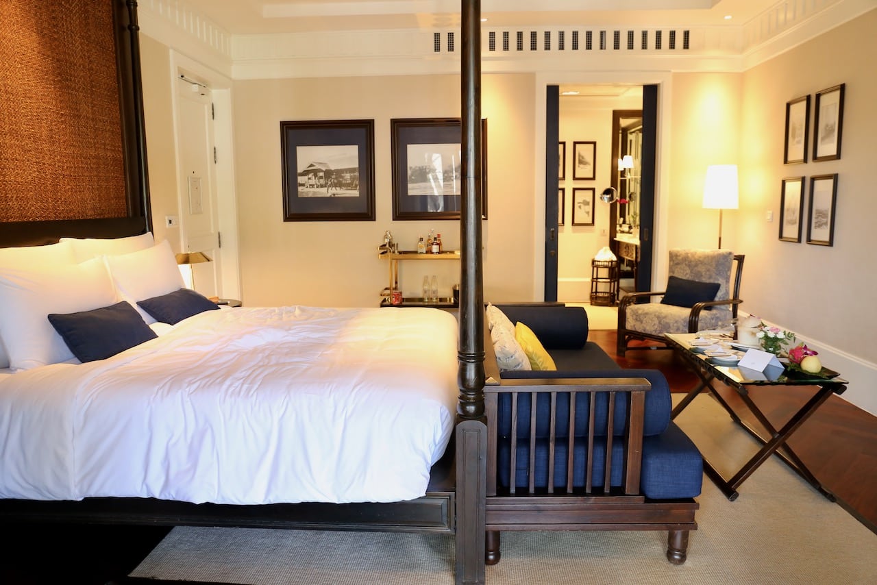 The bedroom in my chic suite at 137 Pillars House Chiang Mai Hotel.