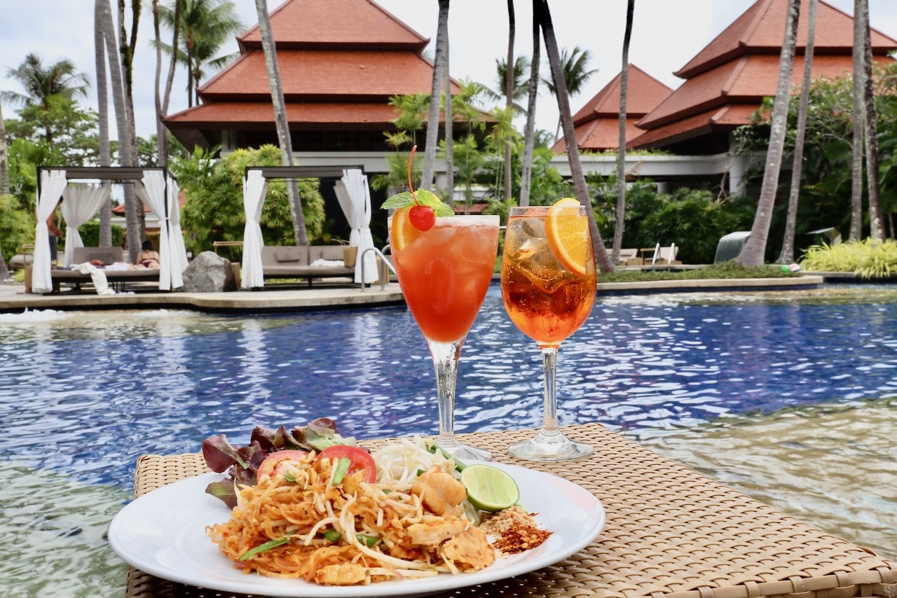 Poolside cocktails and Pad Thai at Banyan Tree Phuket pool.