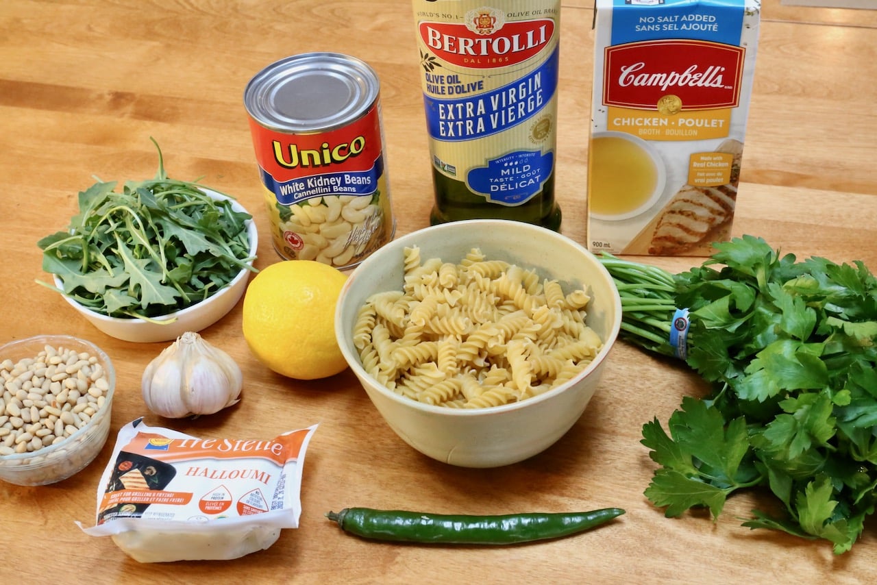 Ingredients you'll need to make homemade Rocket Pesto and Halloumi Pasta.