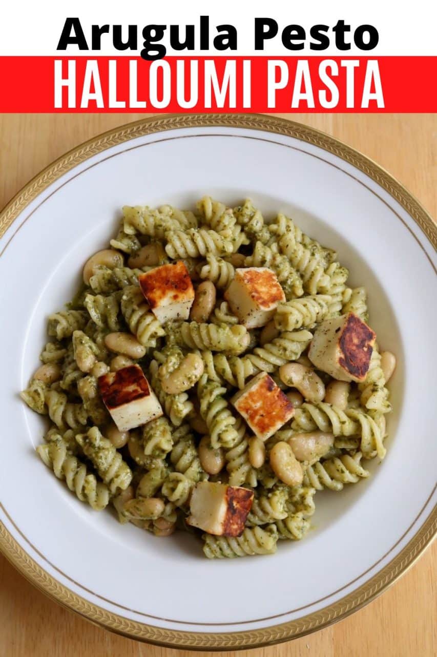 How to make halloumi pasta with homemade rocket pesto. This healthy recipe features crispy cheese with vegetarian arugula pesto.