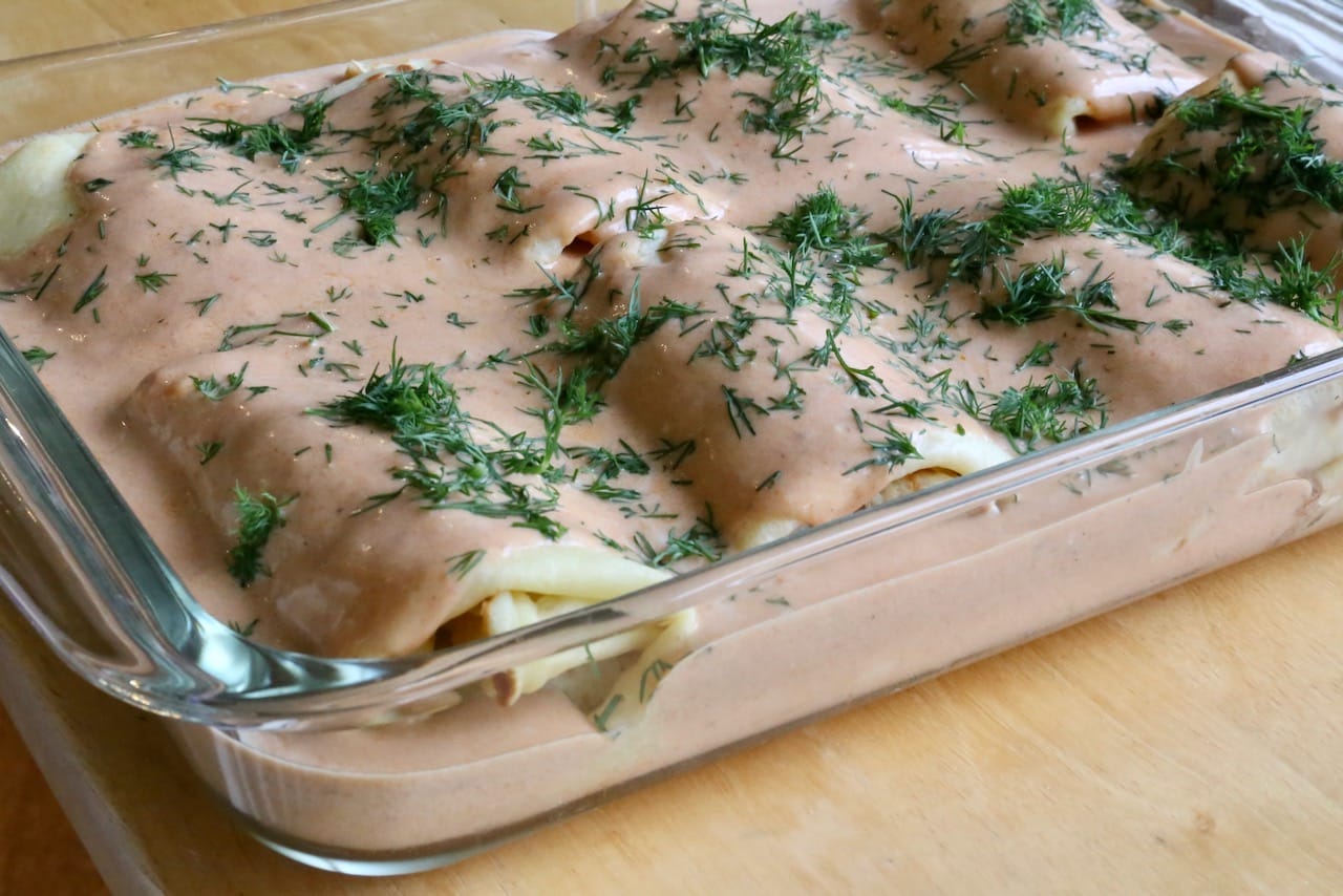 Bake Hortobagyi Palacsinta in a casserole dish in the oven until cooked through.