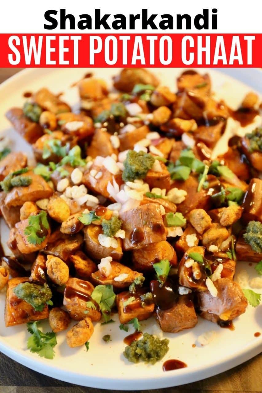 How to make vegan Shakarkandi. Our Sweet Potato Chaat recipe is an Indian snack topped with spicy peanuts, puffed rice, cilantro, & chutneys.