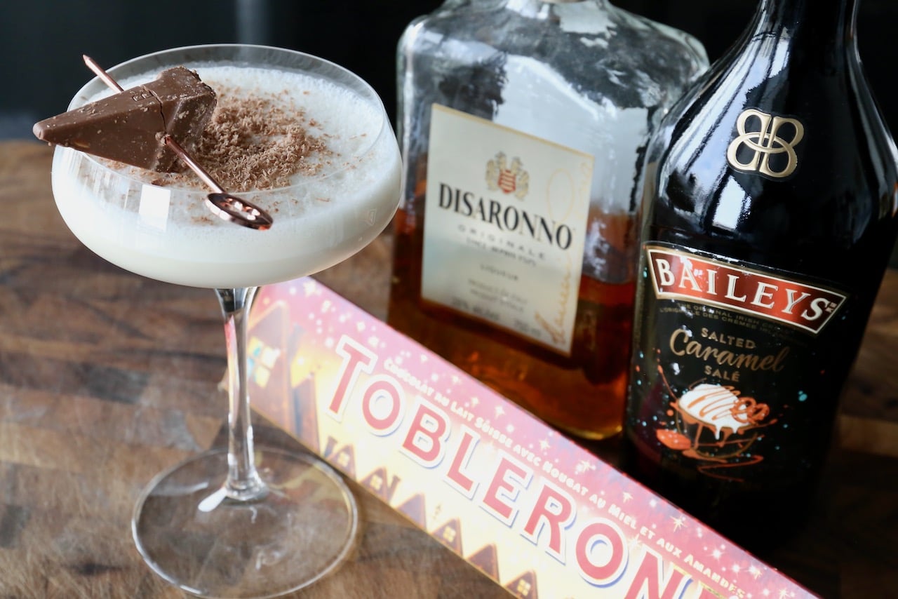 This creamy cocktail features Baileys Caramel, Disaronno, and Creme de Cacao.