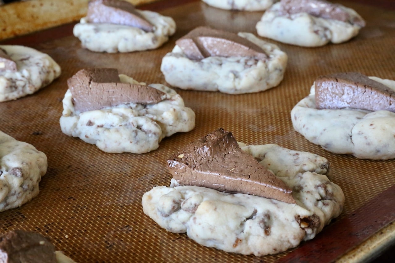 Toblerone Cookies on a baking sheet hot out of the oven.