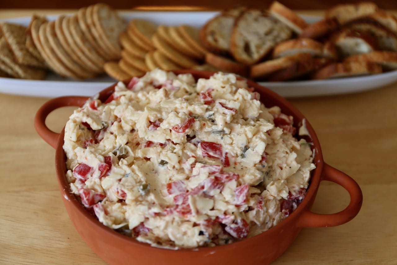 Serve this Spicy Pimento Cheese recipe with crackers and crostini.