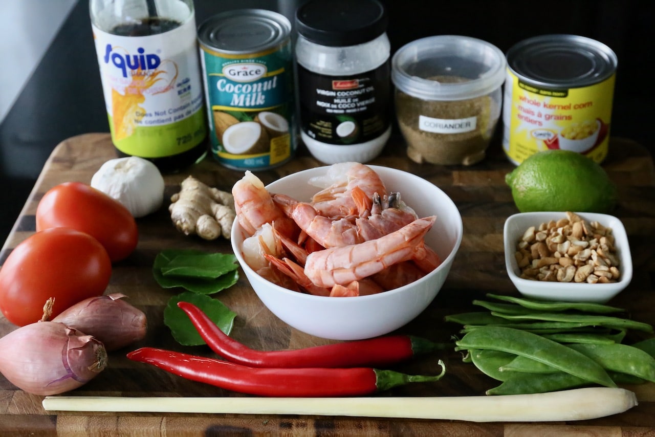 Traditional Indonesian Gulai Udang recipe ingredients. 