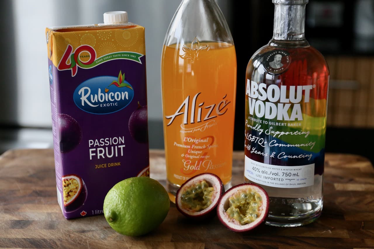 Passion Fruit Caipiroska cocktail ingredients.