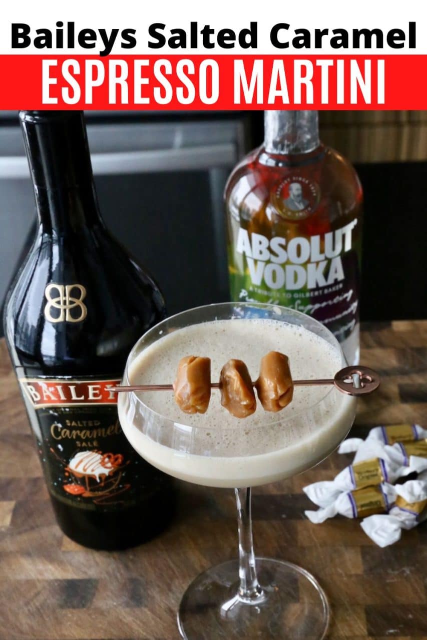 This Salted Caramel Espresso Martini recipe is a favourite sweet cocktail to serve at Christmas featuring vodka, Baileys, coffee & caramels.