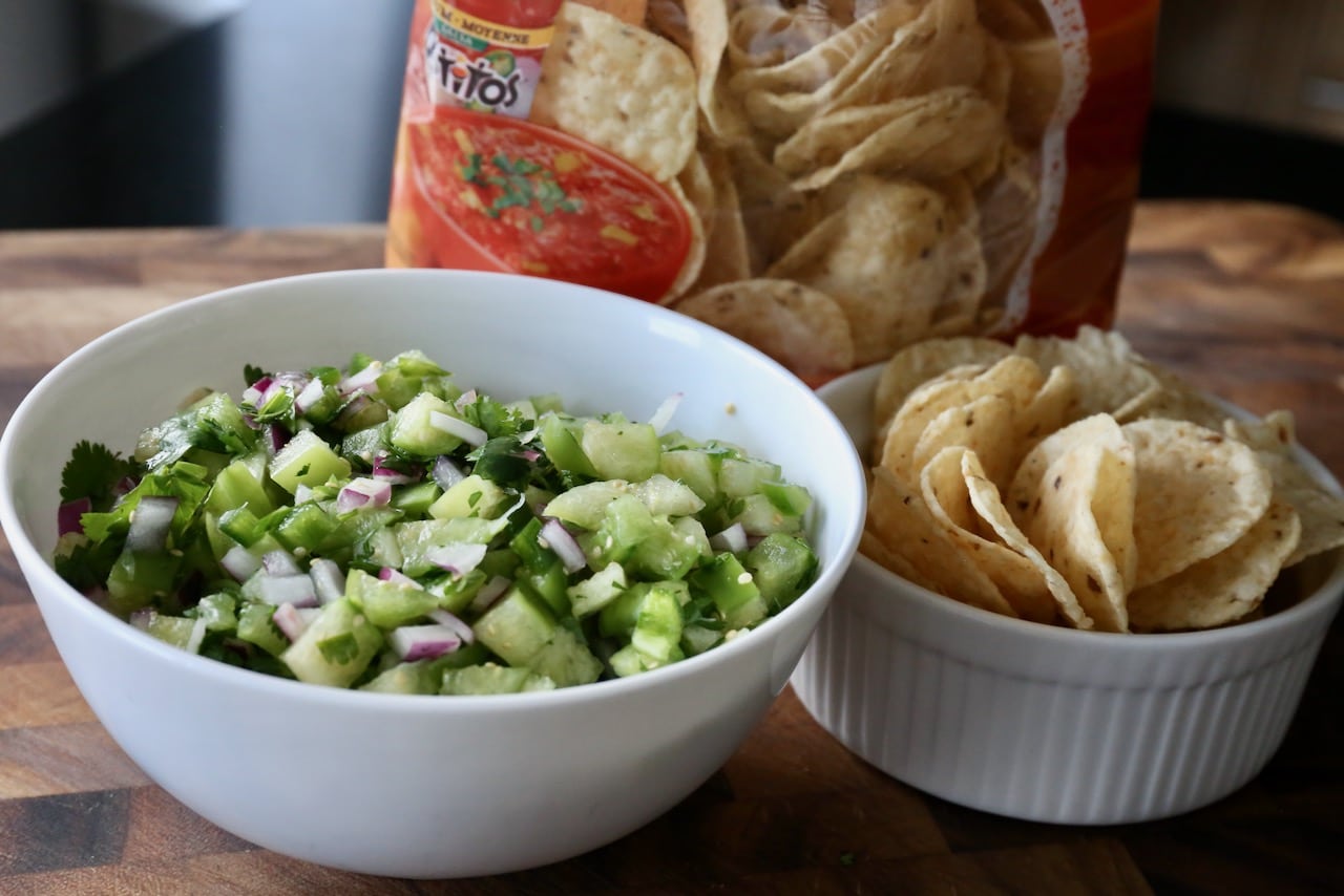 We love serving this crunchy tomatillo salsa with tortilla chips as a snack or as a topping for tacos.