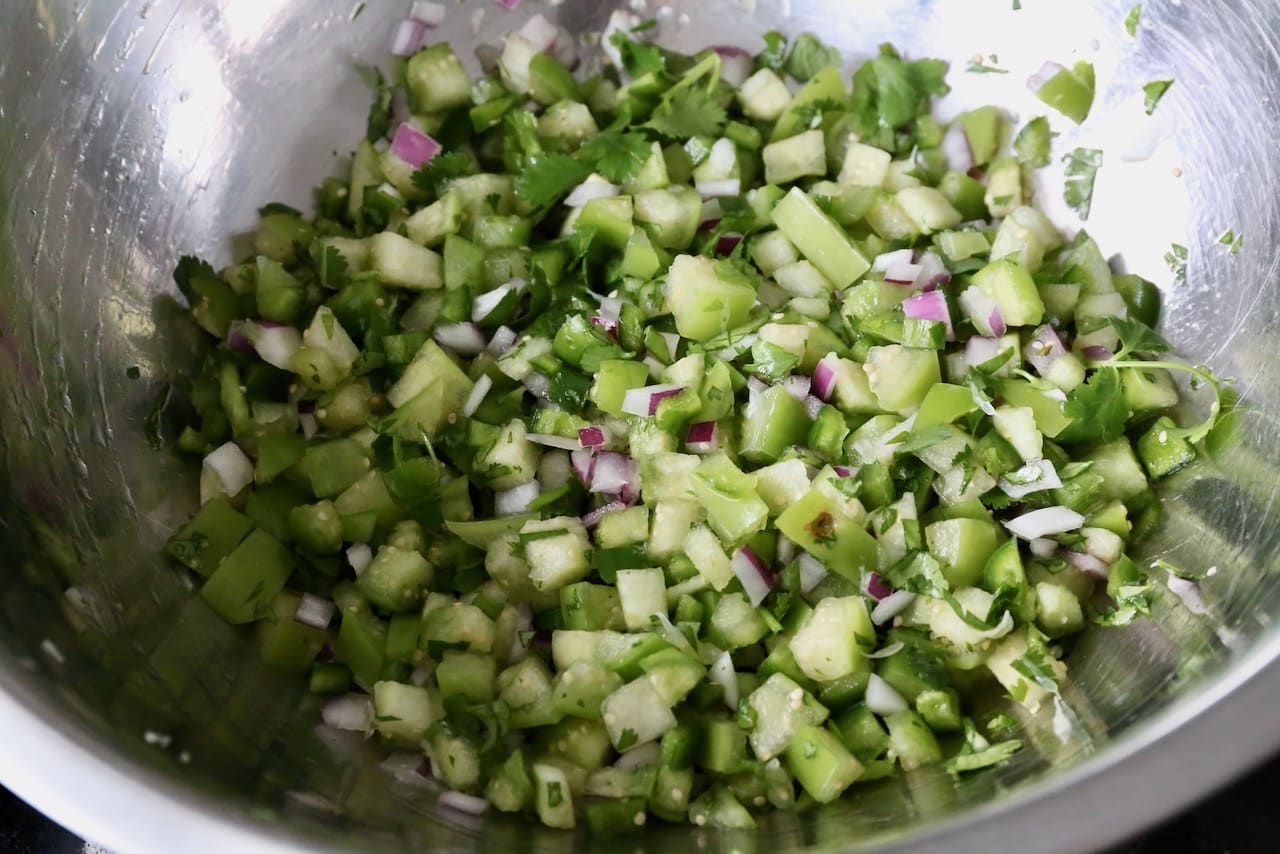 Tomatillo Pico de Gallo is is a colourful Mexican salsa that is crunchy, tangy and spicy.