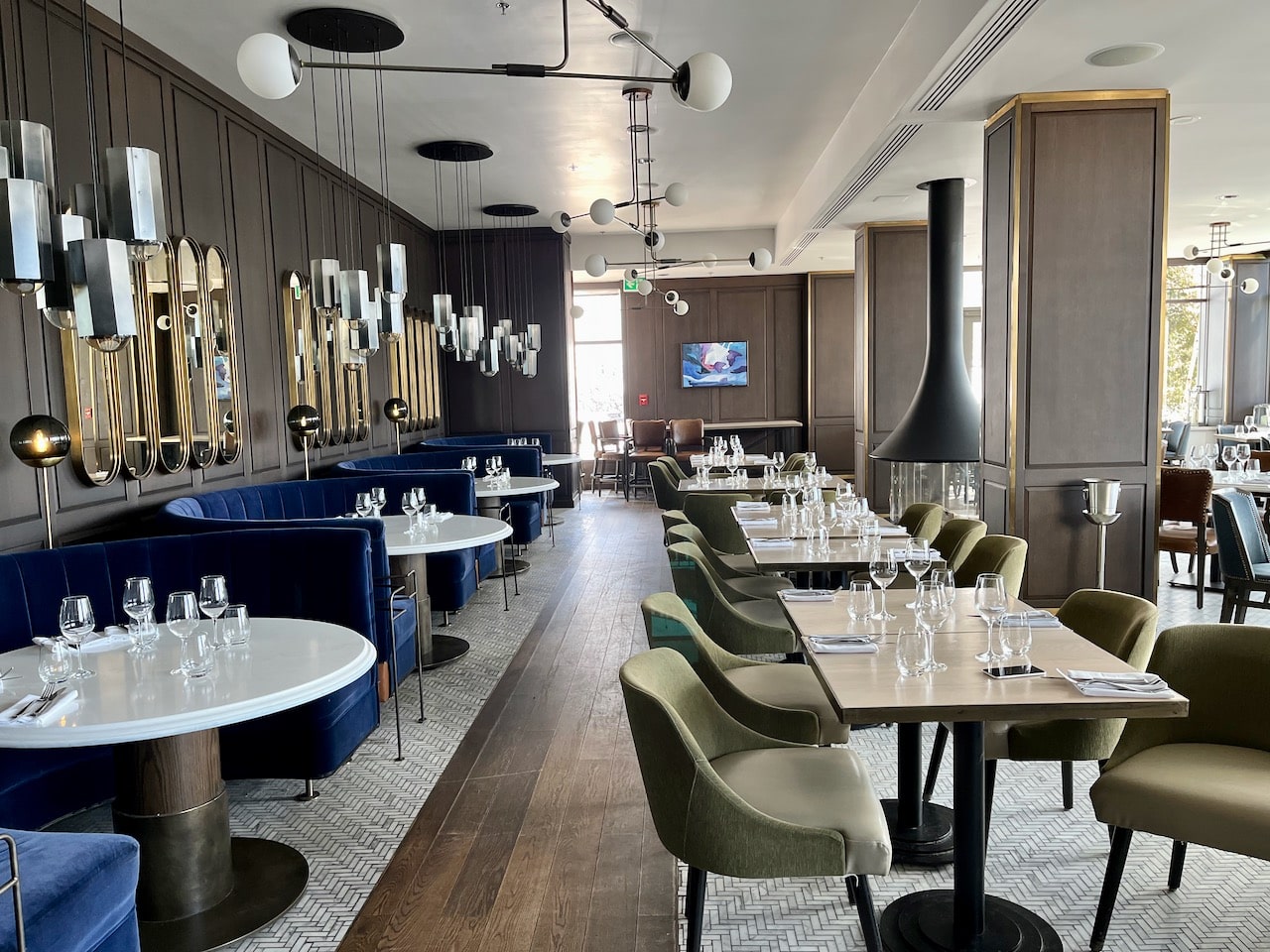 The modern brasserie décor at Choux Gras is both elegant and inviting.