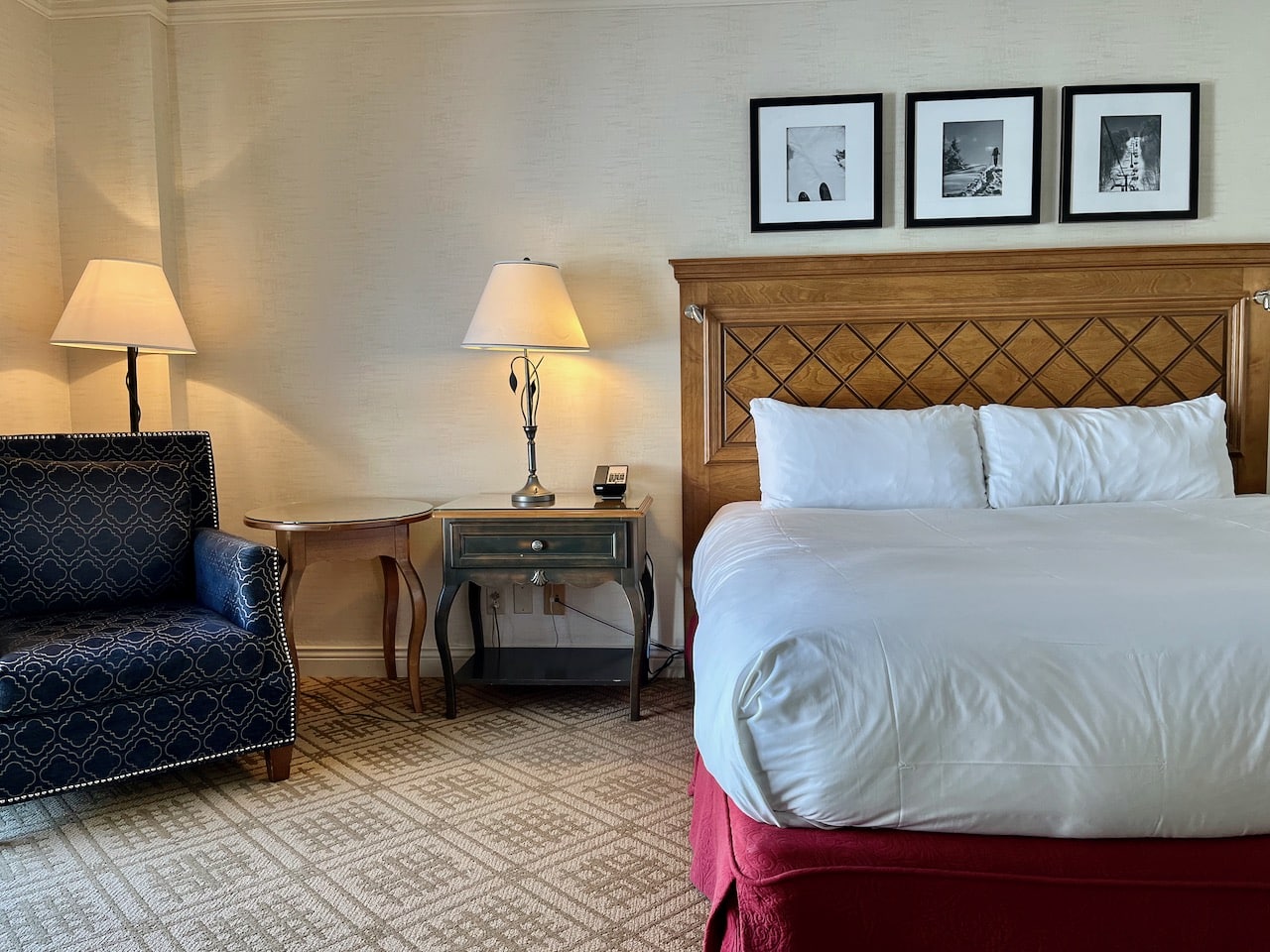 Standard guest rooms come outfitted with roomy king beds and black-and-white ski photography.