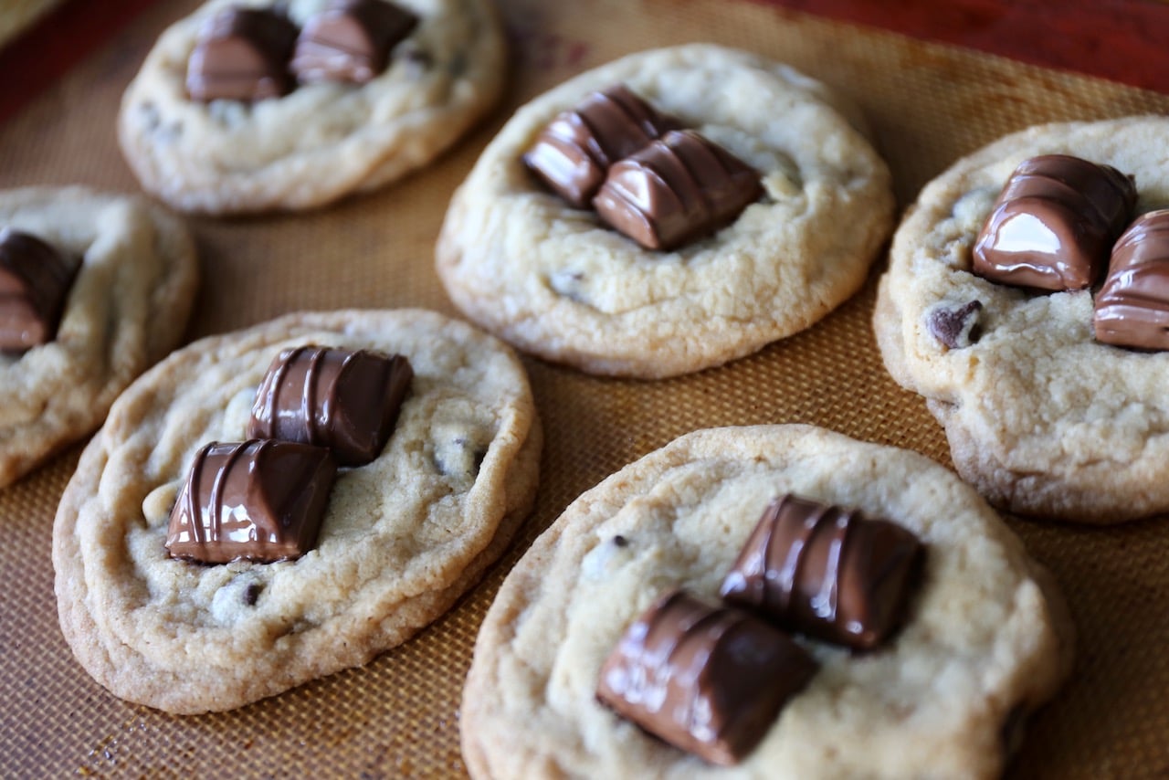Bake chocolate chip cookies then top with Kinder Bueno Wafers.