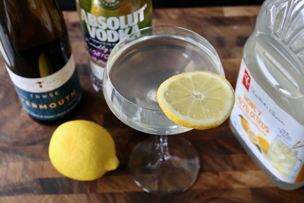 This 3 ingredient cocktail is prepared with vodka, dry vermouth and honey yuzu lemonade.