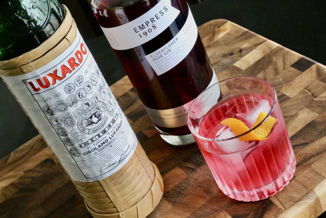 Empress 1908 Elderflower Rose Gin makes a delightful Negroni Rosa cocktail.