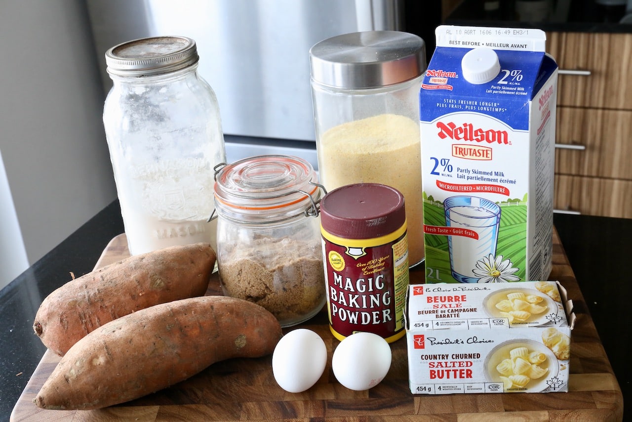 Traditional Sweet Potato Cornbread recipe ingredients.