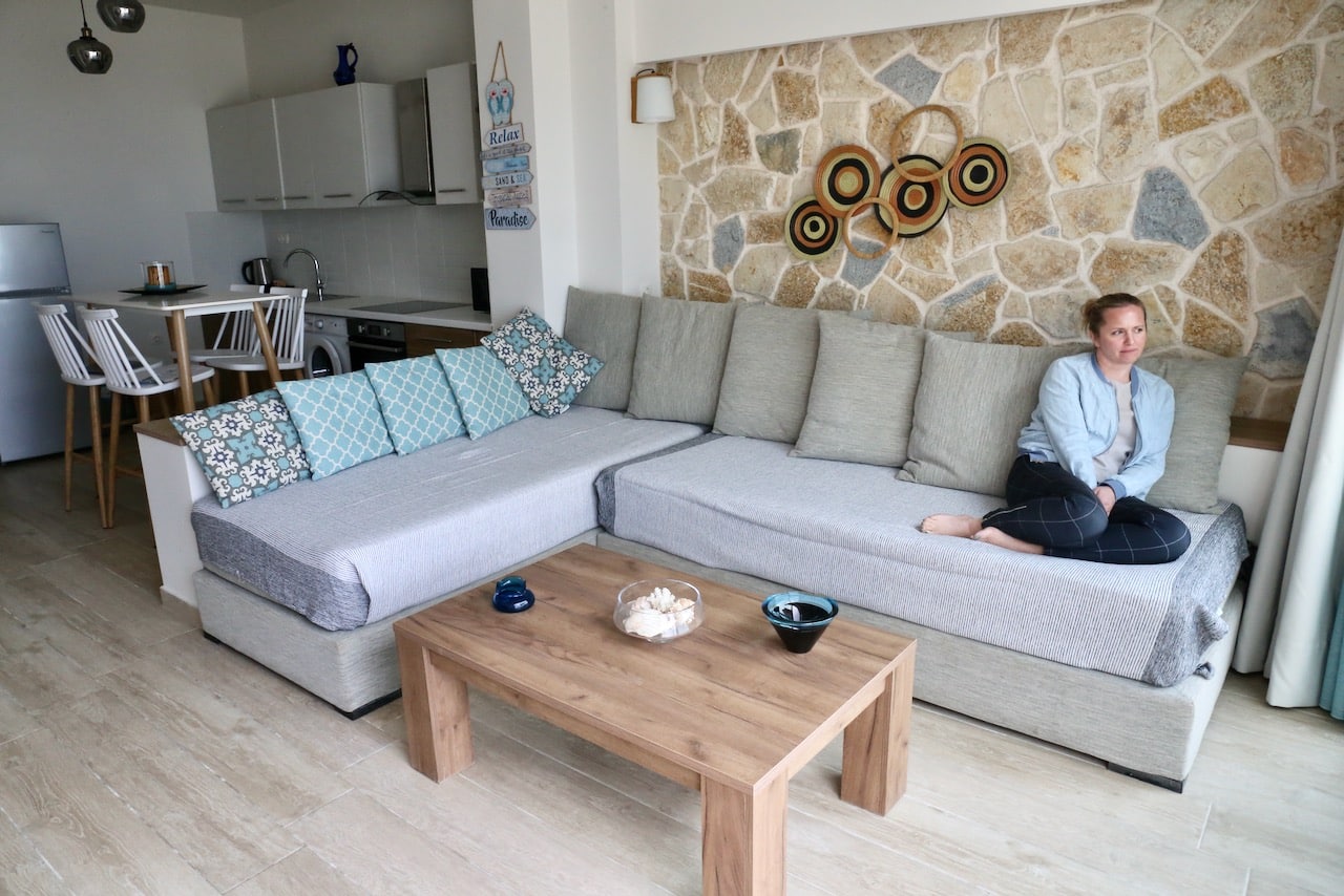 Ekati Mare Hotel's beach villa features a spacious living room and kitchen with fridge, stove and washing machine.