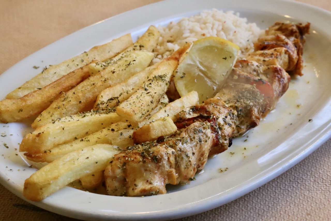 Chicken Souvlaki is a popular Corfu food to enjoy as an affordable lunch or late night meal.