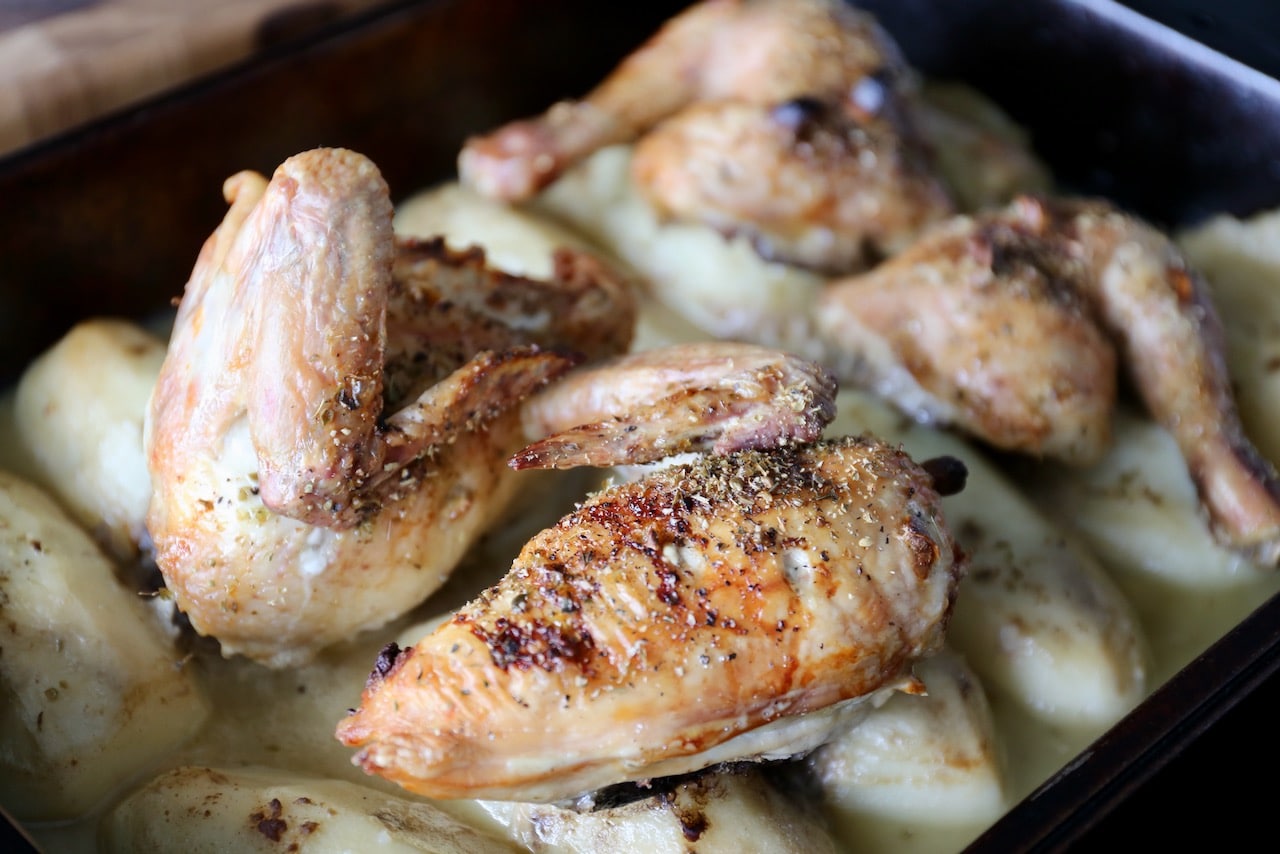 Your Greek Roast Chicken is done cooking when the skin is perfectly browned.