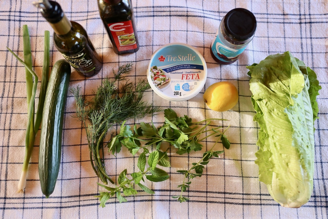 Traditional Maroulosalata recipe ingredients.