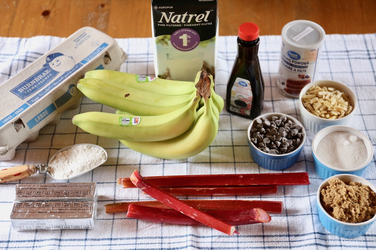 Traditional Banana Rhubarb Bread recipe ingredients.