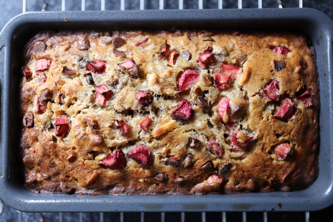 Let baked Banana Rhubarb Bread cool on a rack before serving.