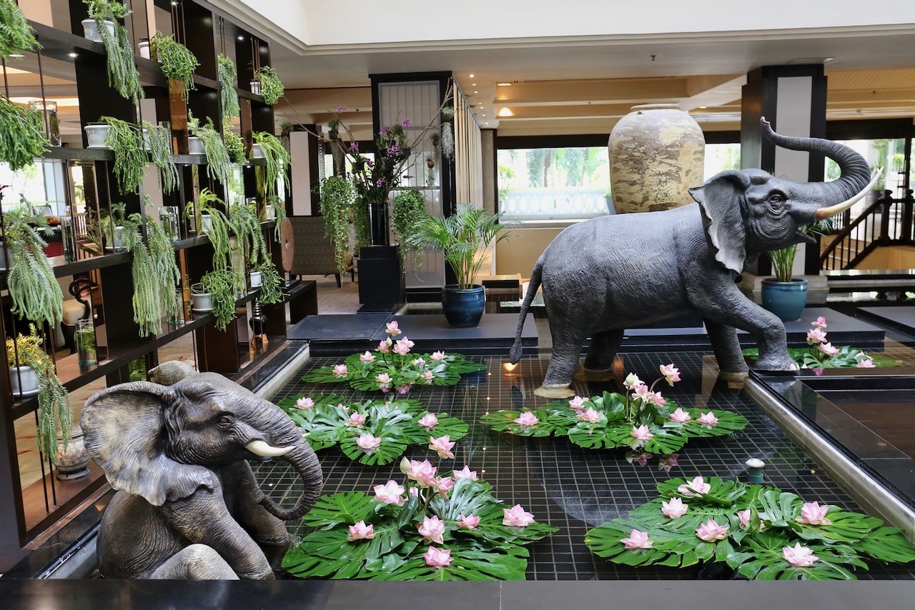 Playful elephants in the lobby at Anantara Riverside Bangkok.