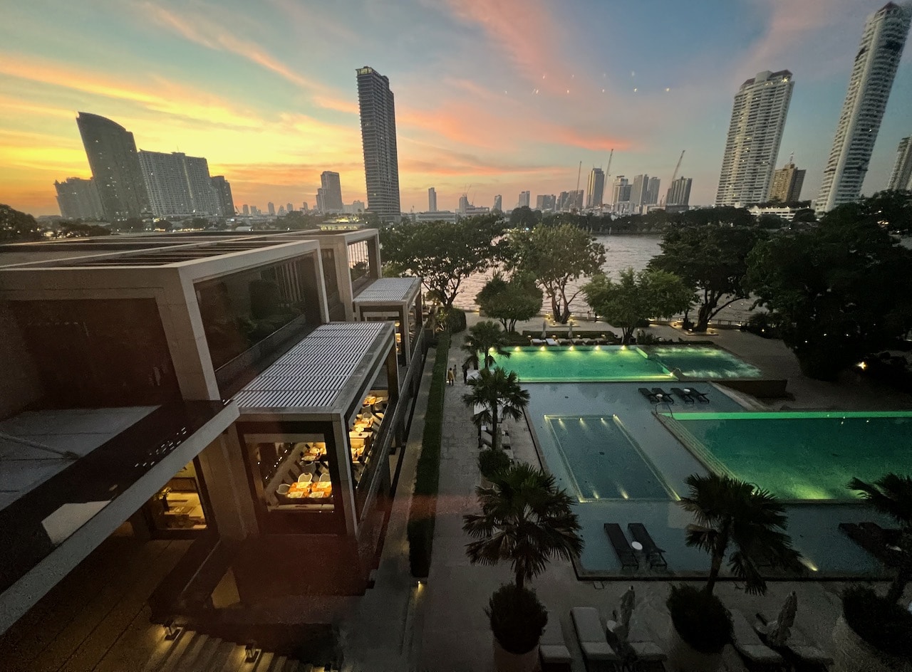The view at sunset from our Four Seasons Hotel Bangkok Suite.