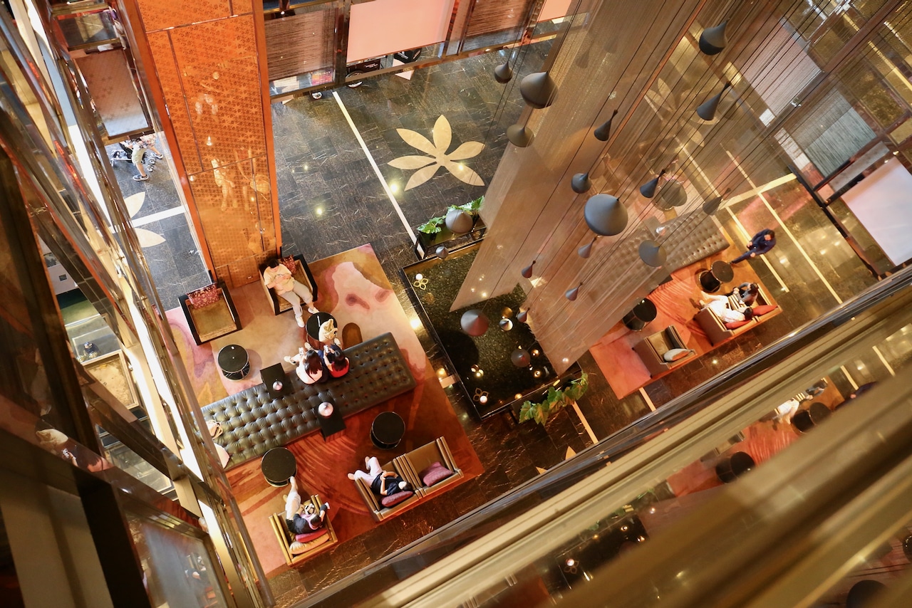 Birds eye view of the Renaissance Bangkok Ratchaprasong Hotel Lobby.