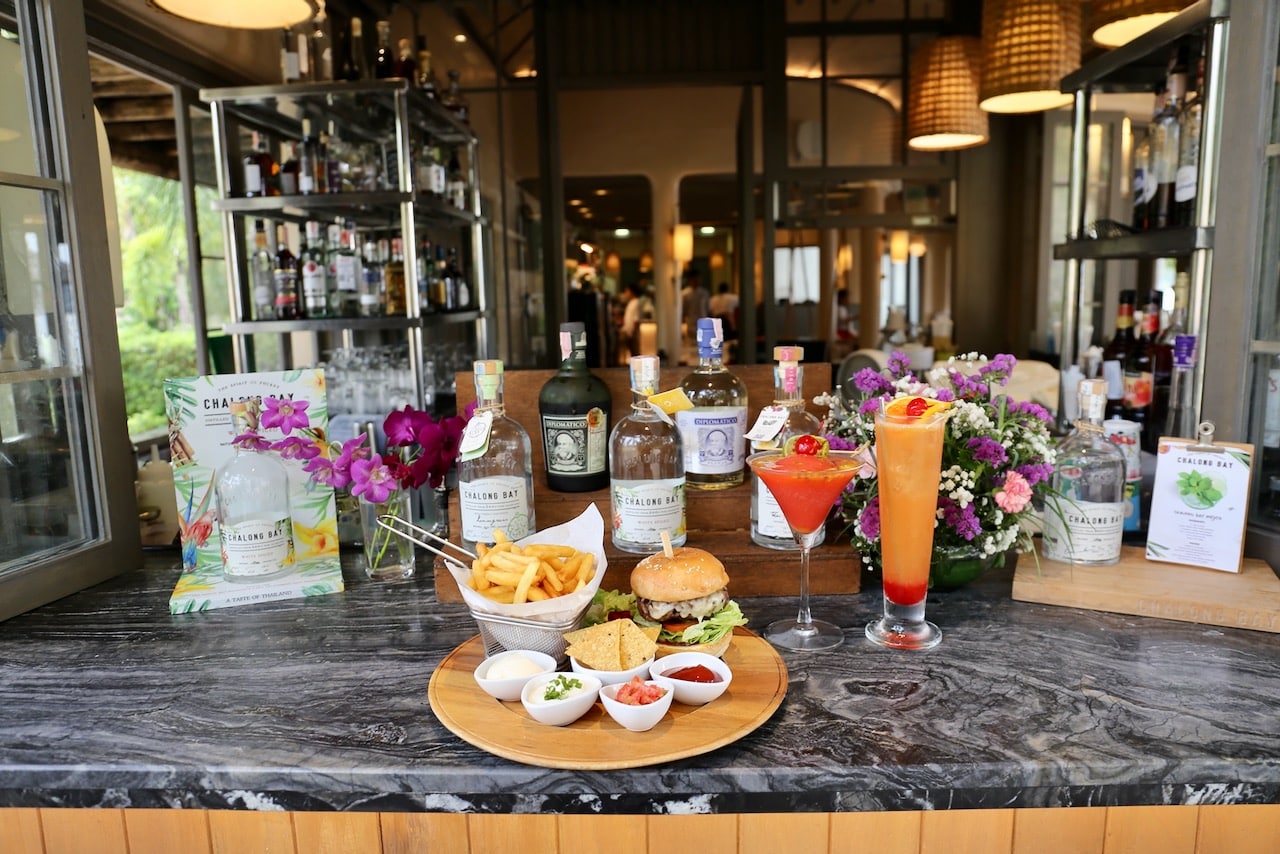 Rum Chapel Restaurant signature burger and tropical cocktails.