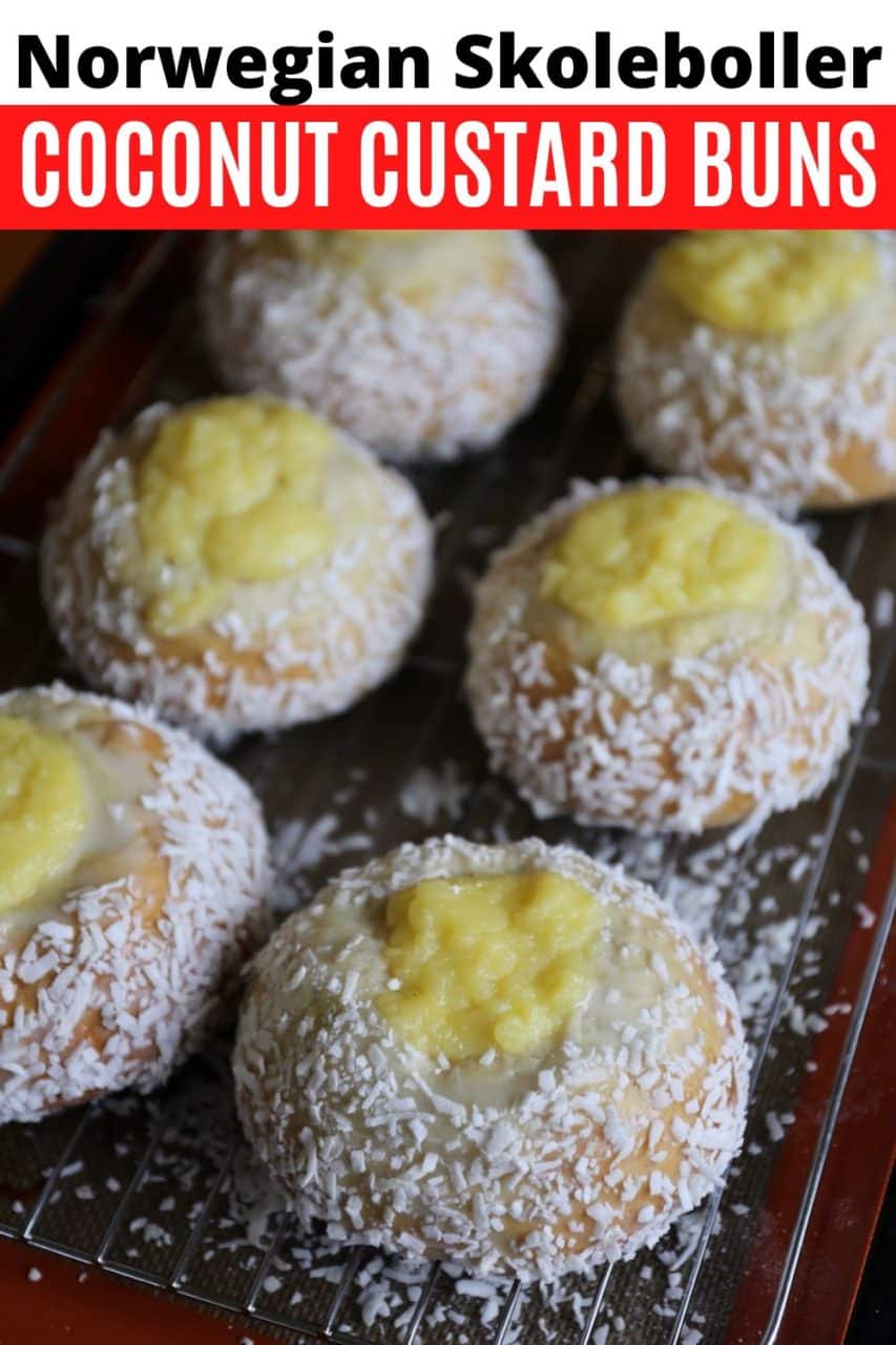 How to make Skoleboller. Norwegian Coconut Custard Buns feature a sweet yeast dough filled with pastry cream garnished with coconut. 