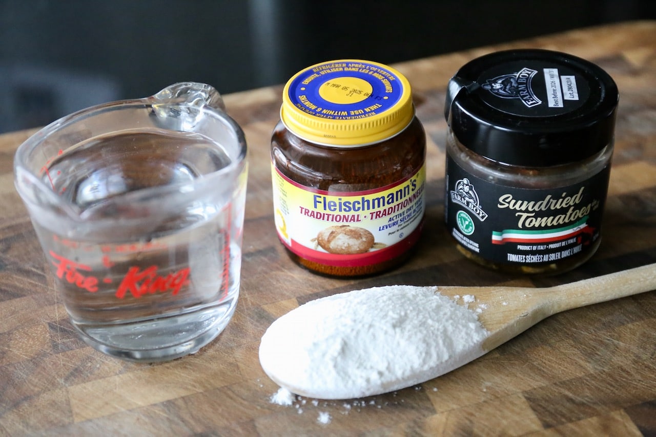 Homemade Sun Dried Tomato Focaccia recipe ingredients.