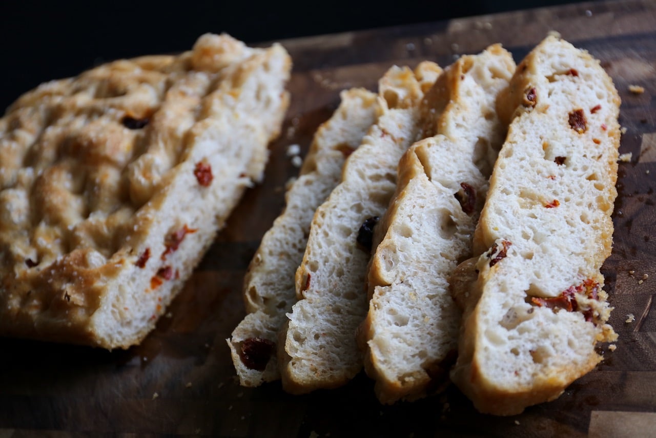 This Sun dried focaccia recipe produces a golden and soft bread perfect for an Italian feast.