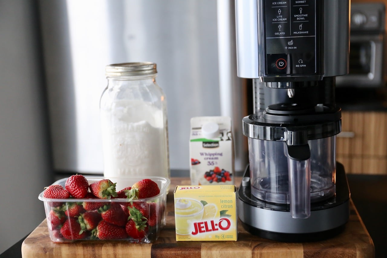 Homemade Ninja Creami Strawberry Ice Cream recipe ingredients. 