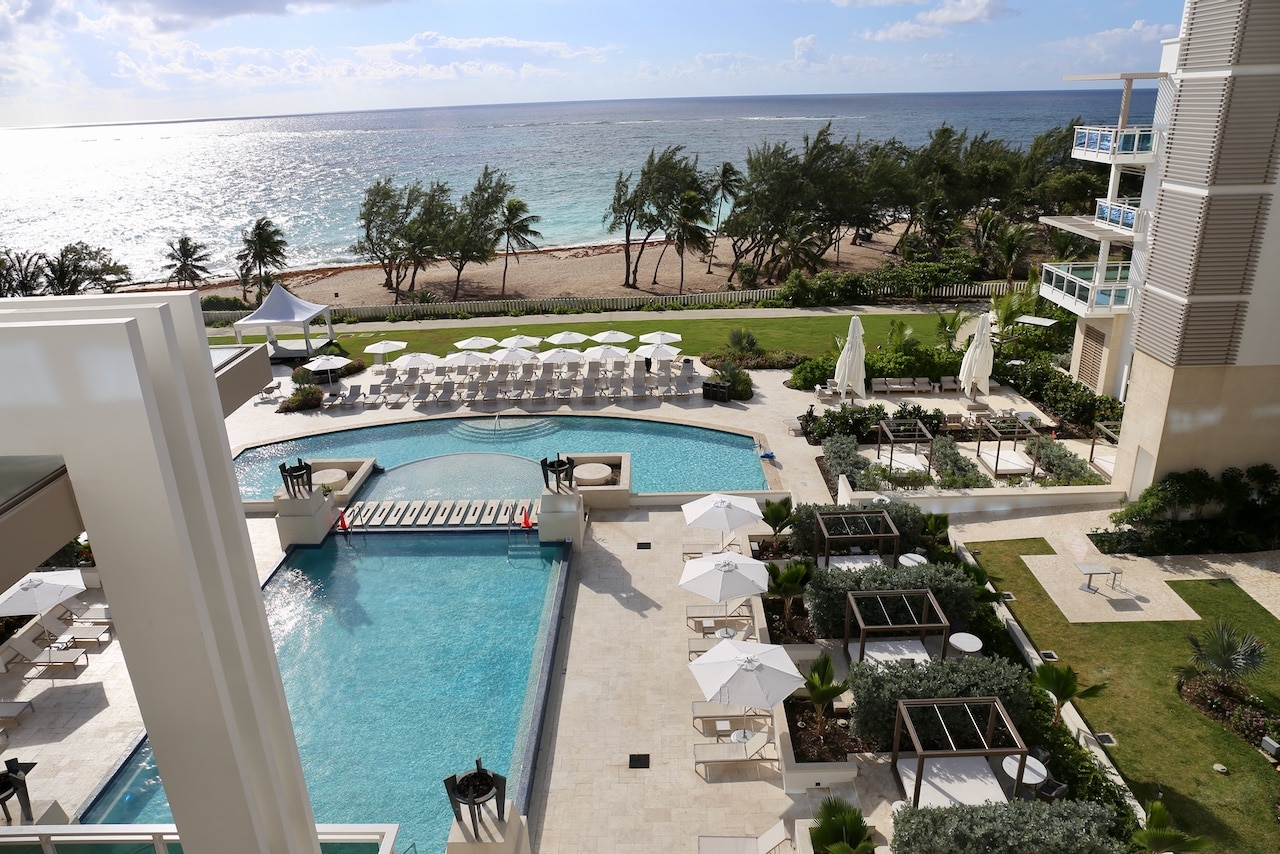 The Wyndham Grand sits perched over a soft sandy beach on the south coast of Barbados. 