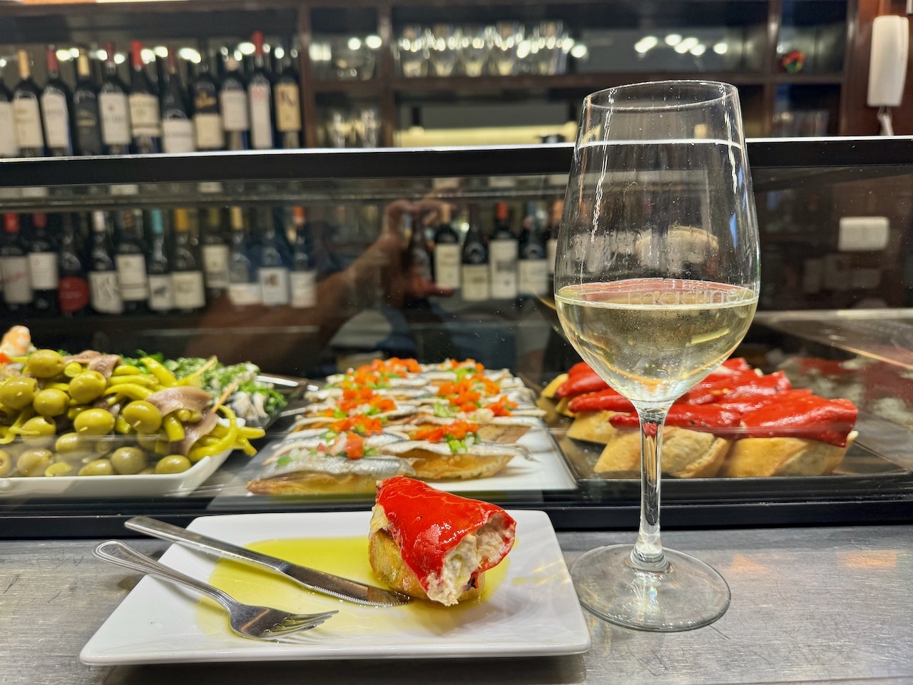 At Bar Martinez order their specialty pintxos, a sweet pepper stuffed with creamy red tuna salad. 