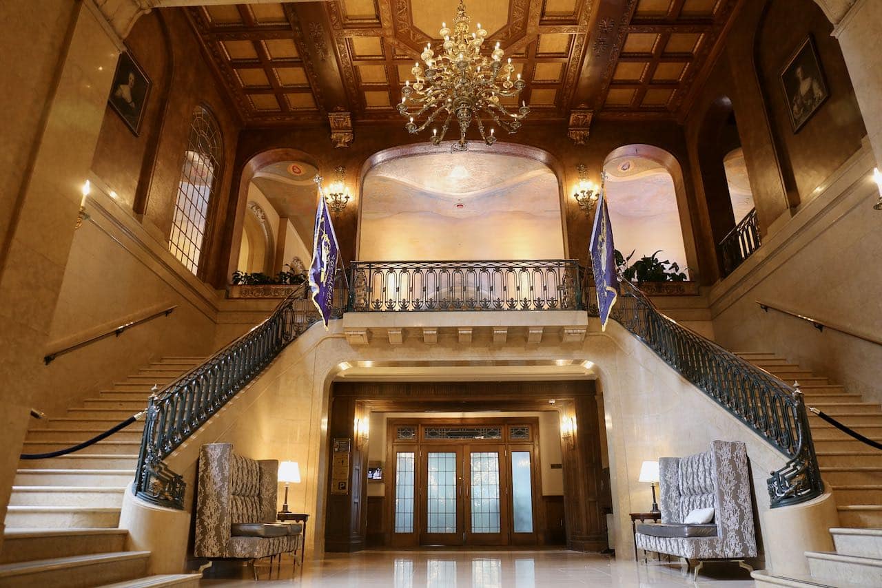 Dramatic staircases lead to the hotel's historic ballroom.