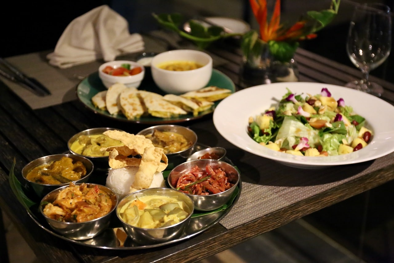 A traditional Sri Lankan dinner includes roti, rice and a selection of curries.